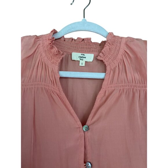 Anthropologie Peach Button-Up Blouse With Ruffle Trim & 3/4 Sleeves Lightweight - Picture 2 of 13